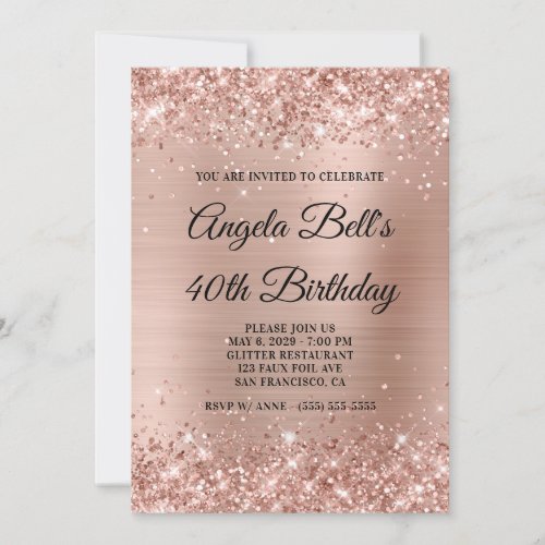 Glittery Light Rose Gold Foil 40th Birthday Invitation