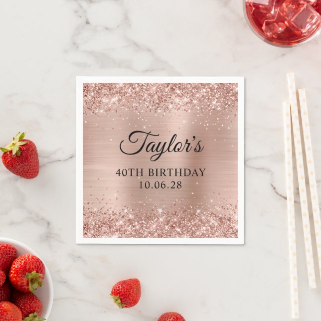Glittery Light Rose Gold Foil 40th Birthday Napkins (Insitu)