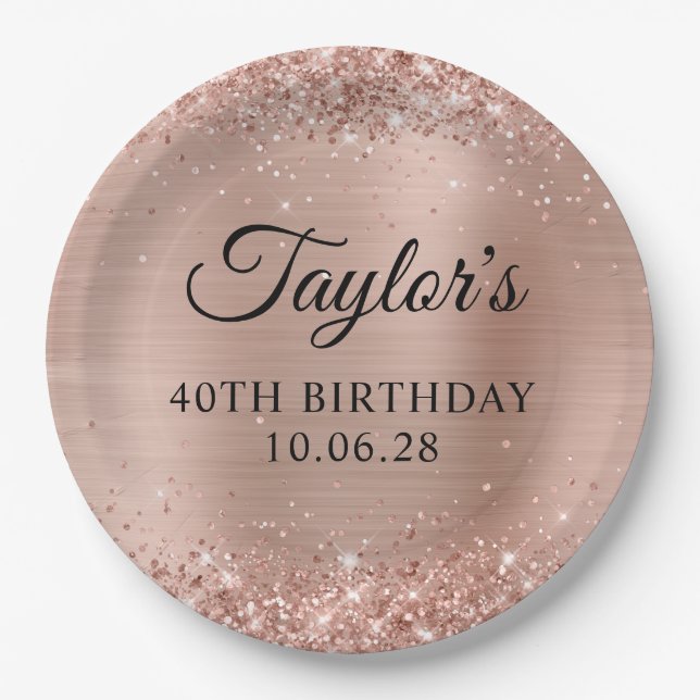 Glittery Light Rose Gold Foil 40th Birthday Paper Plates (Front)