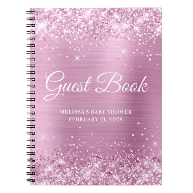 Glittery Light Rose Pink Baby Shower Guestbook Notebook (Front)