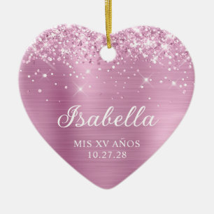 Glittery Light Rose Pink Foil Mis XV Anos Photo Ceramic Ornament