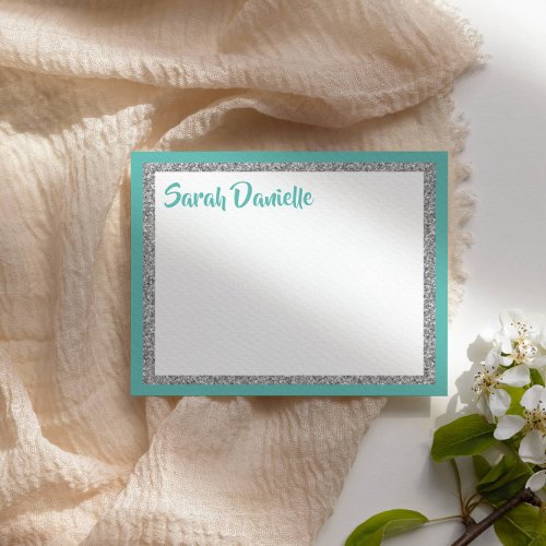 Glittery Light Teal and Silver Thank You Flat Card