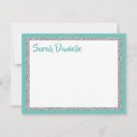 Glittery Light Teal and Silver Thank You Flat Card<br><div class="desc">This trendy flat card features bold lettering on the front with a layered look in silver glitter and white,  and a solid colored background. Add your text using the template form. Change the font,  layout and colors using the Customize feature.</div>