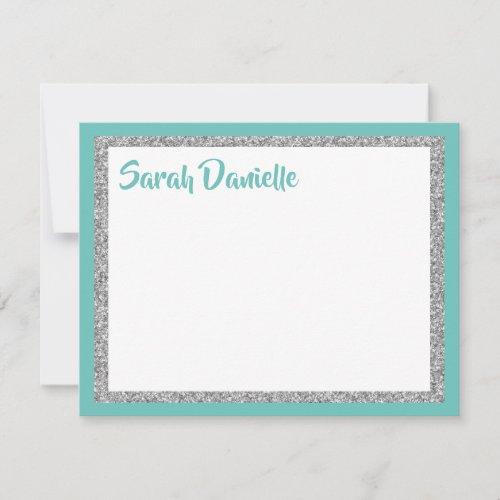 Glittery Light Teal and Silver Thank You Flat Card