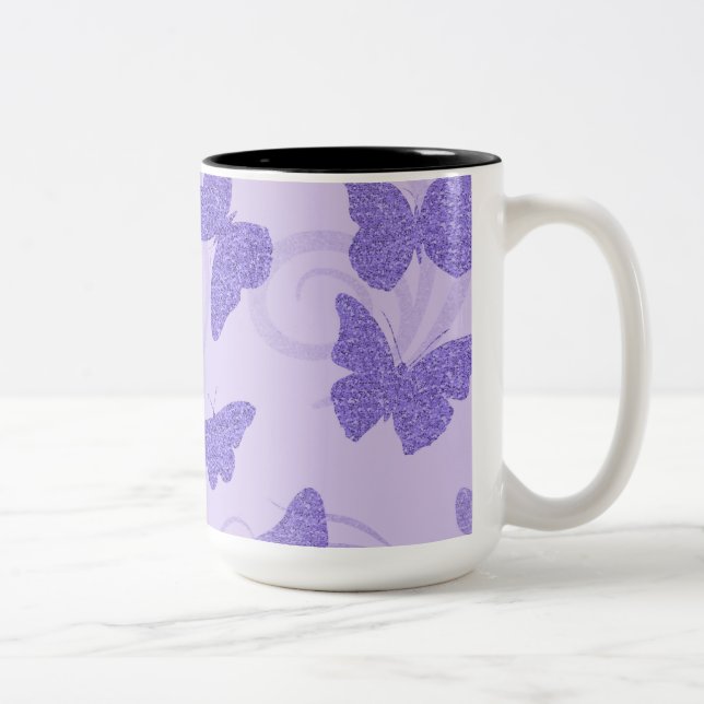 Glittery Lilac Butterflies Two-Tone Coffee Mug (Right)