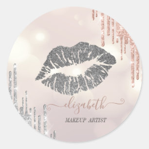 Glittery Lips,Rose Gold Silver Drips Bokeh Classic Round Sticker