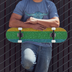 Glittery Look Gold Green and Blue Sparkle Unisex Skateboard