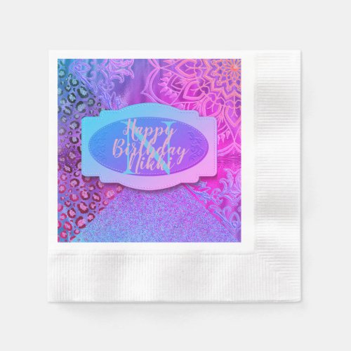 Glittery Lotus Leopard Monogram Birthday Napkins