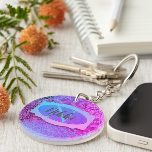 Glittery Lotus Leopard Monogram           Keychain