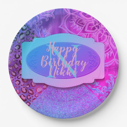 Glittery Lotus Leopard Monogram     Paper Plates