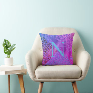 Glittery Lotus Leopard Monogram  Throw Pillow