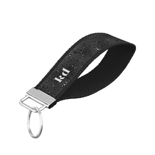 Glittery Luxury Black Background Monogram Wrist Keychain (Angled Down)