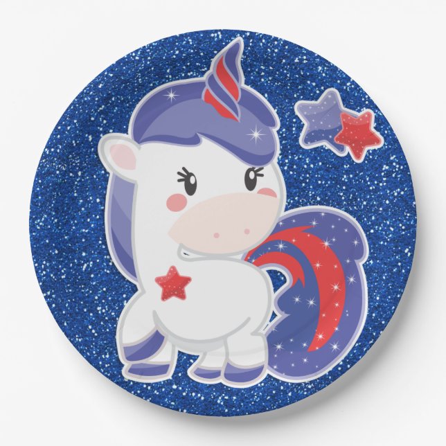 Glittery Magical 4th of July Unicorn Celebration Paper Plates (Front)