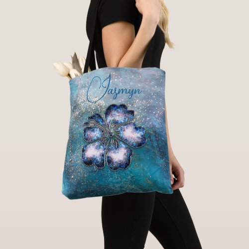 Glittery Magical Blue Hibiscus Personalized  Tote Bag