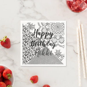 Glittery Mandala Leopard Personalized Birthday Napkins