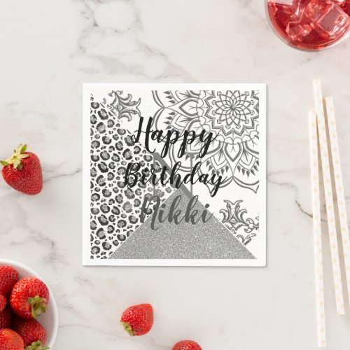 Glittery Mandala Leopard Personalized Birthday     Napkins