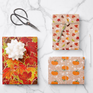 Glittery Maple Leaves in the Fall/Autumn, Pumpkin Wrapping Paper Sheets