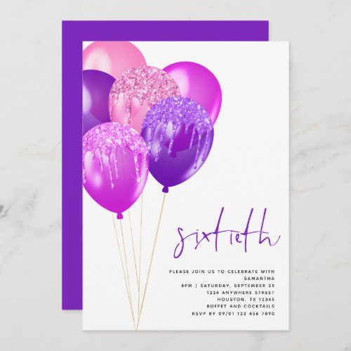 Glittery Mauve Fuchsia Balloons 60th Birthday Invitation