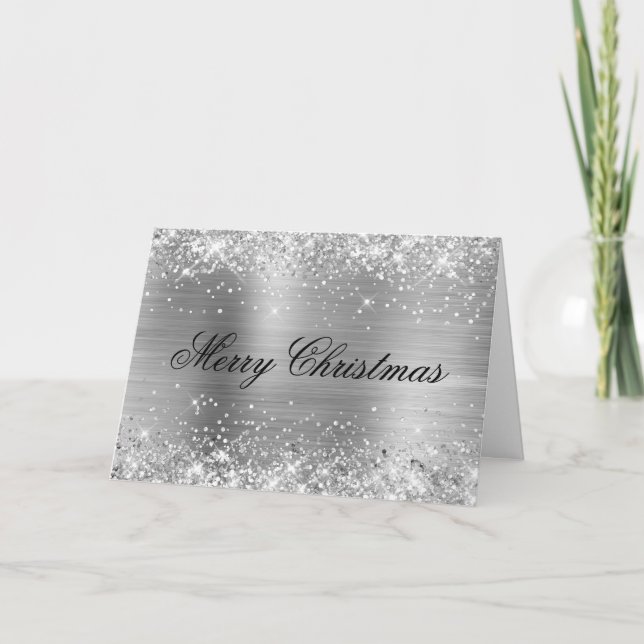 Glittery Metallic Silver Family Photo Card (Front)