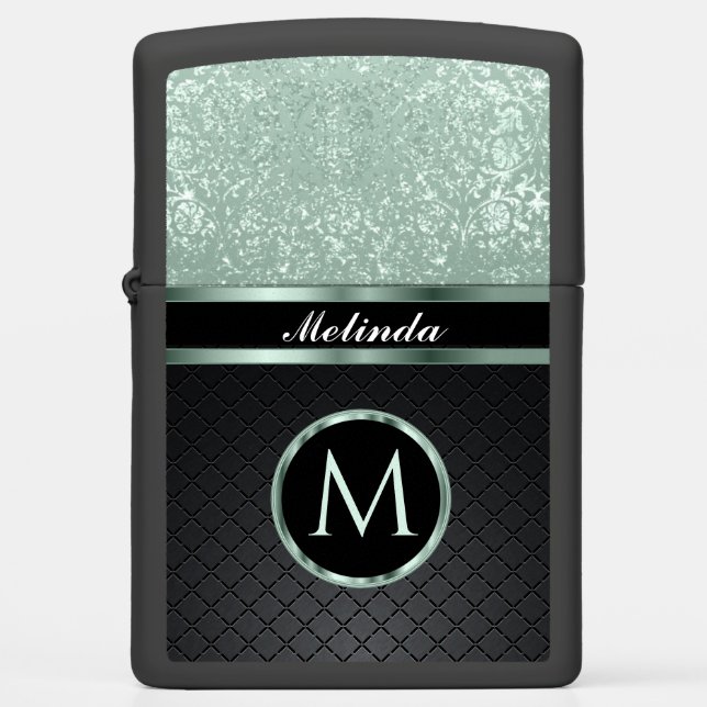  Glittery Mint Green and Black - Personalized  Zippo Lighter (Front)