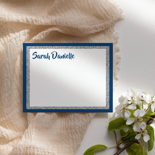Glittery Navy Blue and Silver Thank You Flat Card