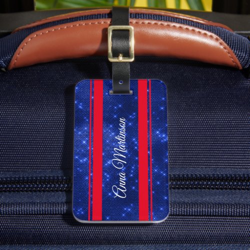 Glittery Navy Blue Red White Monogram Luggage Tag