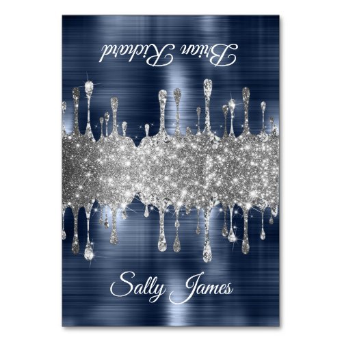 Glittery Navy Silver Drips Two Name Place Cards
