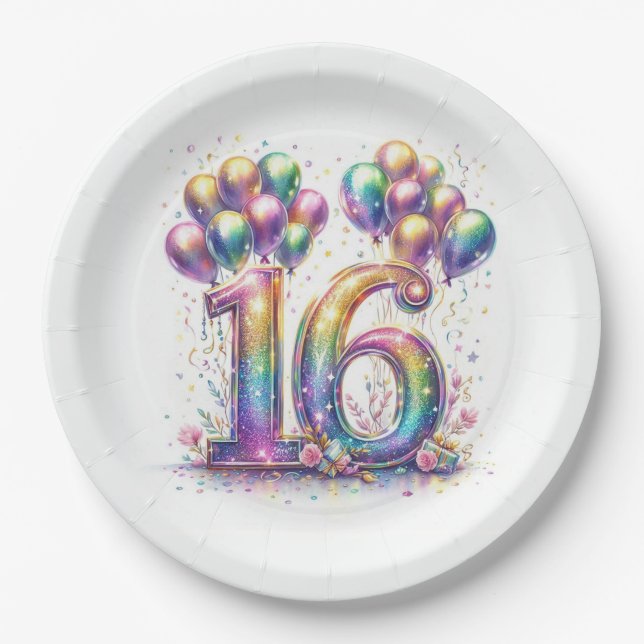 Glittery Number 16 with Balloons and Confetti Paper Plates (Front)