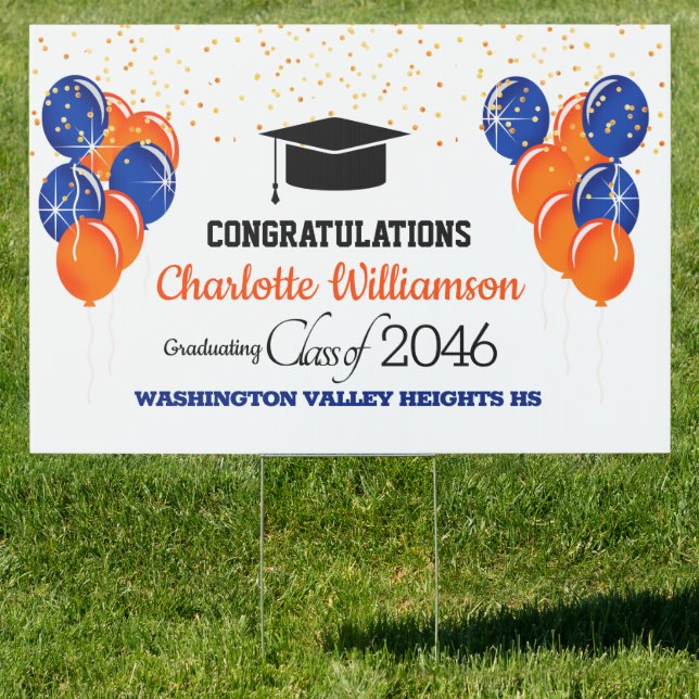 Glittery Orange and Blue Graduation Sign (Insitu)