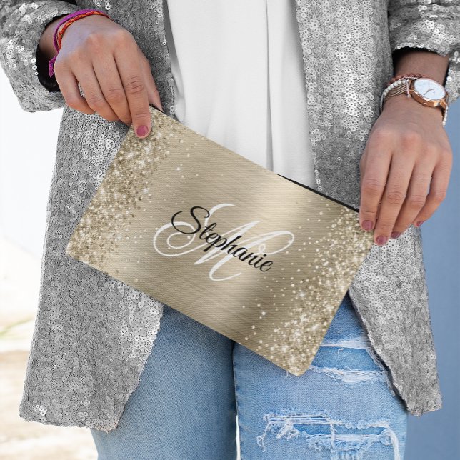 Glittery Pale Gold Foil Fancy Monogram Accessory Pouch (Glittery Pale Gold Foil Fancy Monogram Accessory Pouch)