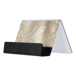 Glittery Pale Gold Foil Fancy Monogram Desk Business Card Holder
