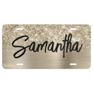 Glittery Pale Gold Glam Brush Script Name License Plate