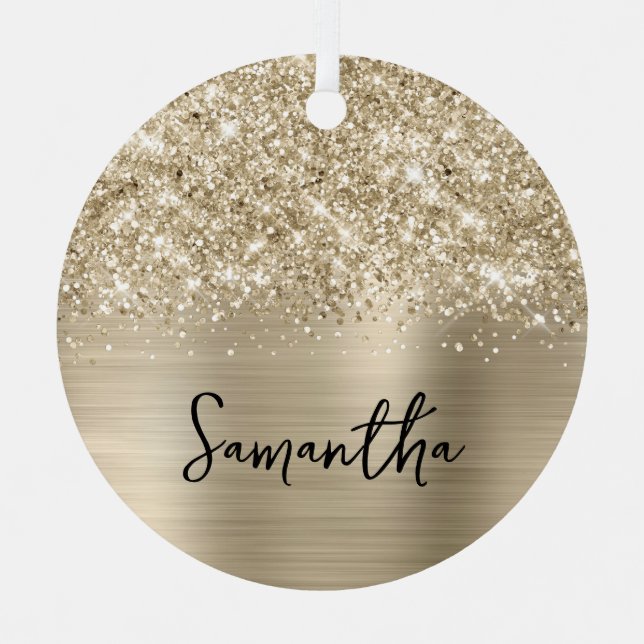 Glittery Pale Gold Glam Name Metal Ornament (Front)