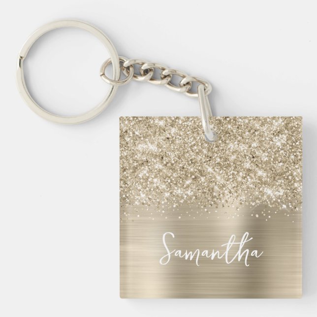 Glittery Pale Gold Glam Name Photo Keychain (Front)