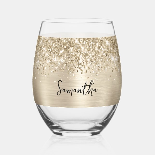 Glittery Pale Gold Glam Name Stemless Wine Glass (Front)