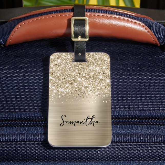 Glittery Pale Gold Glam Script Name Luggage Tag (Front Insitu 2)