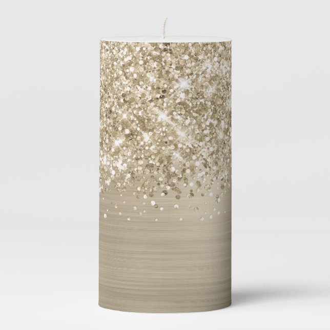 Glittery Pale Gold Glam Star Pillar Candle (Front)