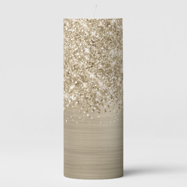 Glittery Pale Gold Glam Star Pillar Candle (Front)