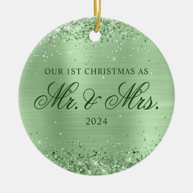 Glittery Pale Green Foil Our 1st Christmas Photo Ceramic Ornament (Front)
