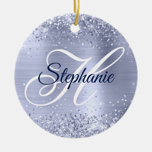 Glittery Pale Metallic Periwinkle Fancy Monogram Ceramic Ornament