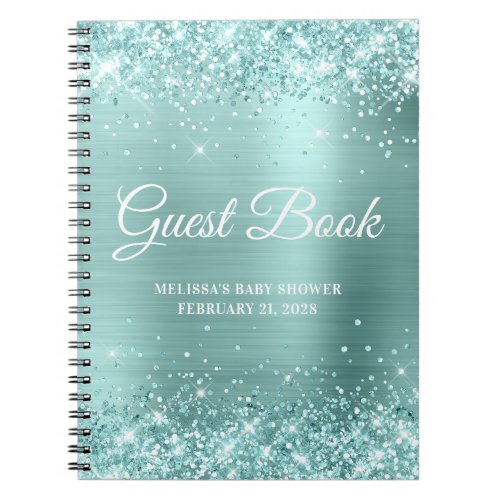 Glittery Pale Turquoise Baby Shower Guestbook Notebook