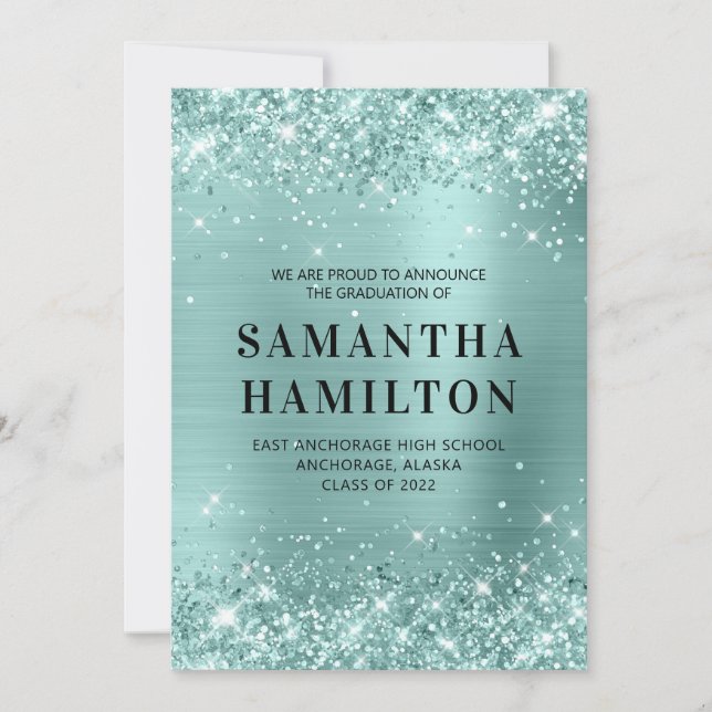 Glittery Pale Turquoise Foil Graduation Announcement (Front)
