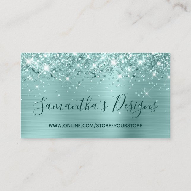 Glittery Pale Turquoise Foil Online Store Business Card (Front)