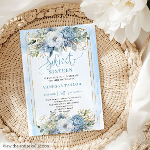 Glittery Pastel Blue White Peonies Sweet 16 Invite