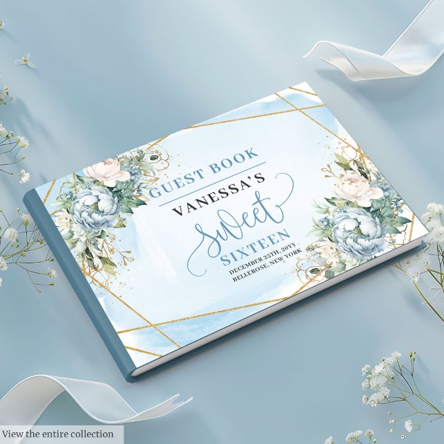 Glittery Pastel Blue White Peonies Sweet Sixteen  Guest Book (Glittery Pastel Blue White Peonies Sweet Sixteen Guest Book)