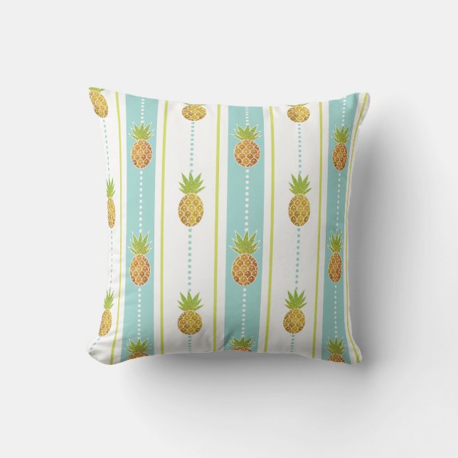 Glittery Pattern Tropical Pineapples & Stripes Throw Pillow (Front)