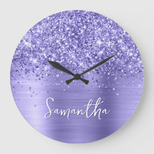 Glittery Periwinkle Foil Name Large Clock