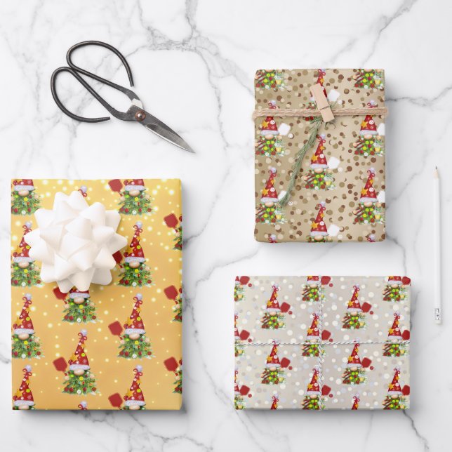 Glittery Pickleball Christmas Gnomes Wrapping Paper Sheets (Front)