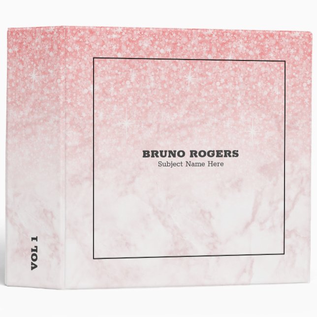 Glittery pink and rose-gold marble ombre 3 ring binder (Front/Spine)