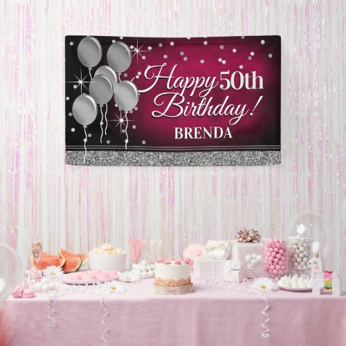 Glittery Pink and Silver Happy Birthday Banner